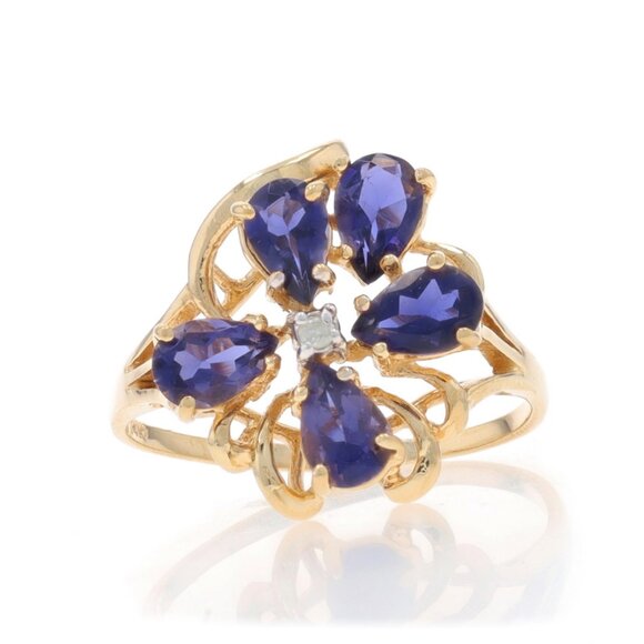 Yellow Gold Iolite Diamond Cluster Cocktail Ring - 14k Pear 1.26ctw Floral